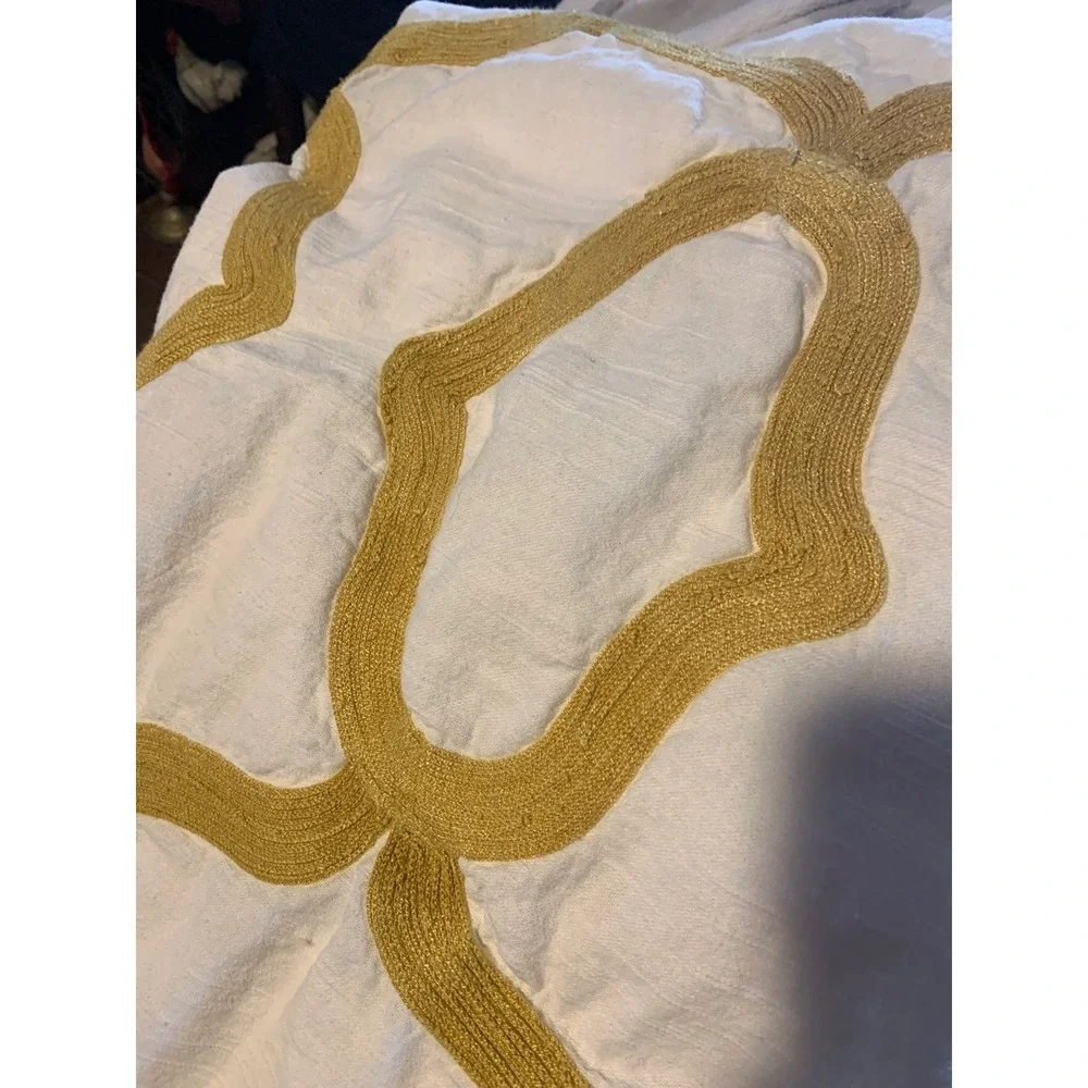 Ivory White Curtain Panel‎ with Gold Geometric Trim, Window Covering Drape